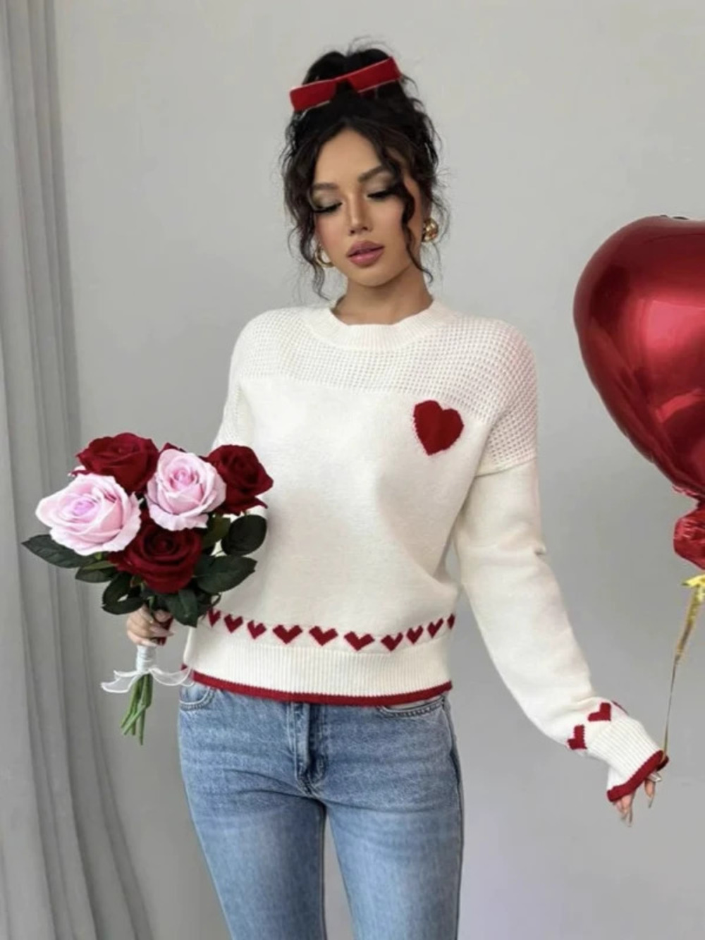 Women Oversized Heart Print Crew Neck Pullover Sweater Long Sleeve Fall Winter